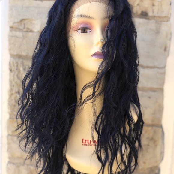 Long blue curly Freeparting wig main image 5